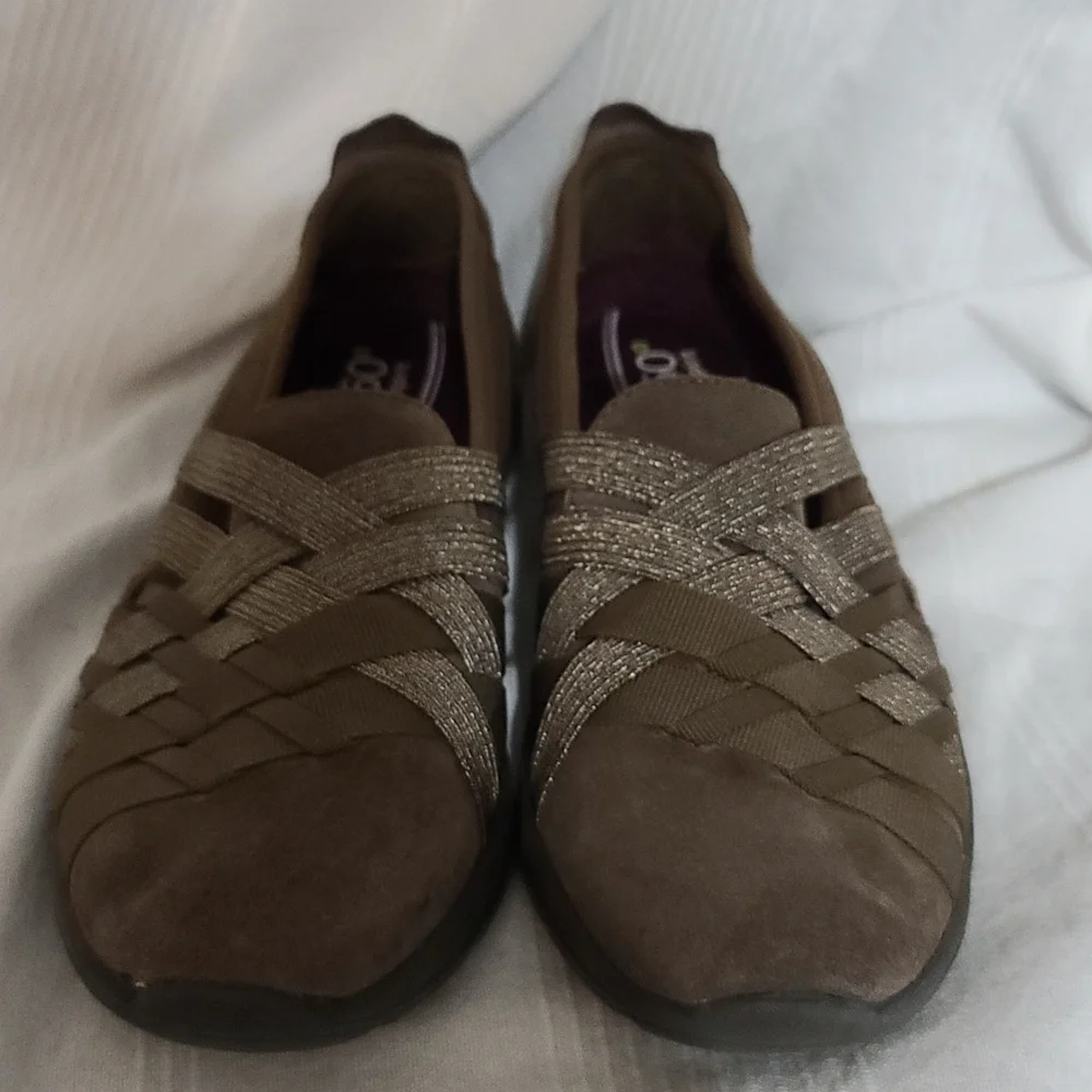 Easyspirit E360 Women's  Comfort Cushioned Slip-ons Tan Sparkly Threads Sz 8 EUC